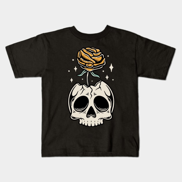 Yellow Rose Skull Kids T-Shirt by Pongatworks Store